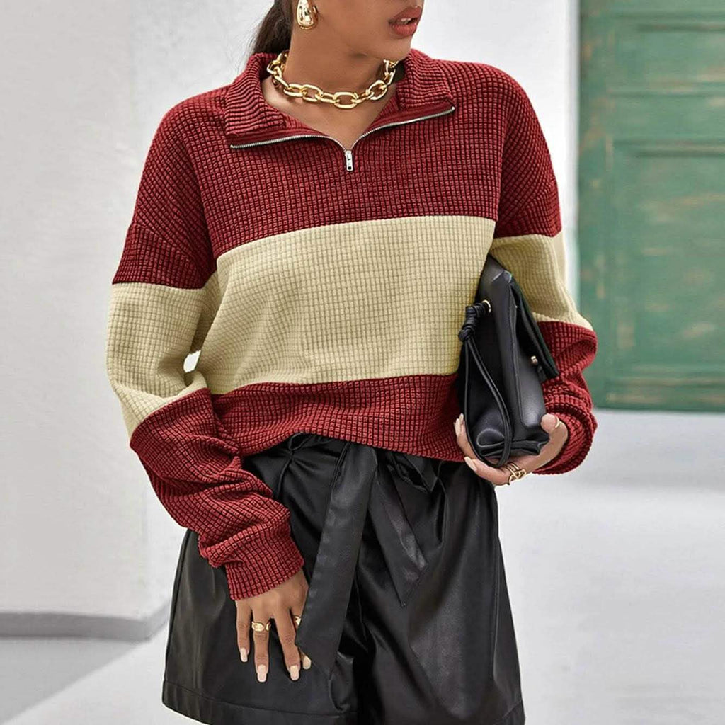 Pull mi-zippé texturé bicolore à épaules tombantes