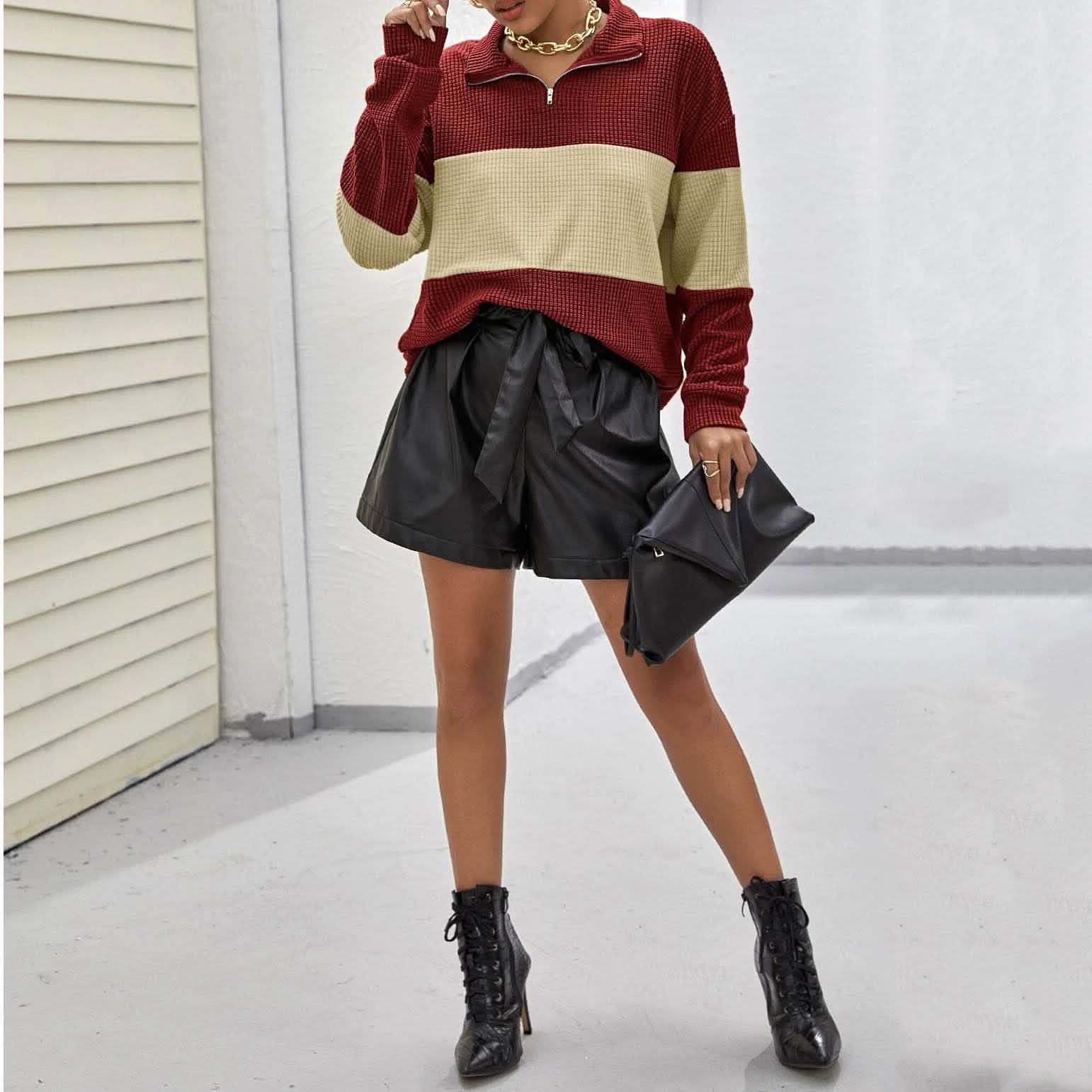 Pull mi-zippé texturé bicolore à épaules tombantes