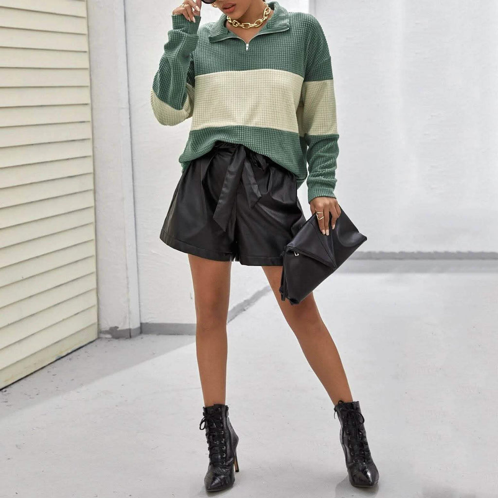 Pull mi-zippé texturé bicolore à épaules tombantes