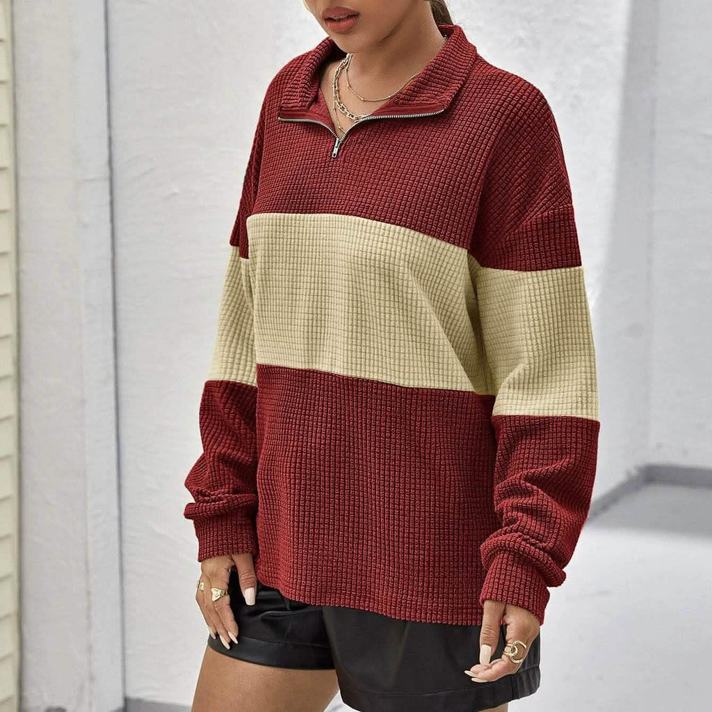 Pull mi-zippé texturé bicolore à épaules tombantes