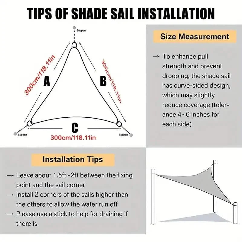 Voile d'ombrage triangulaire durable imperméable et résistante aux UV pour terrasse, cour, balcon et jardin