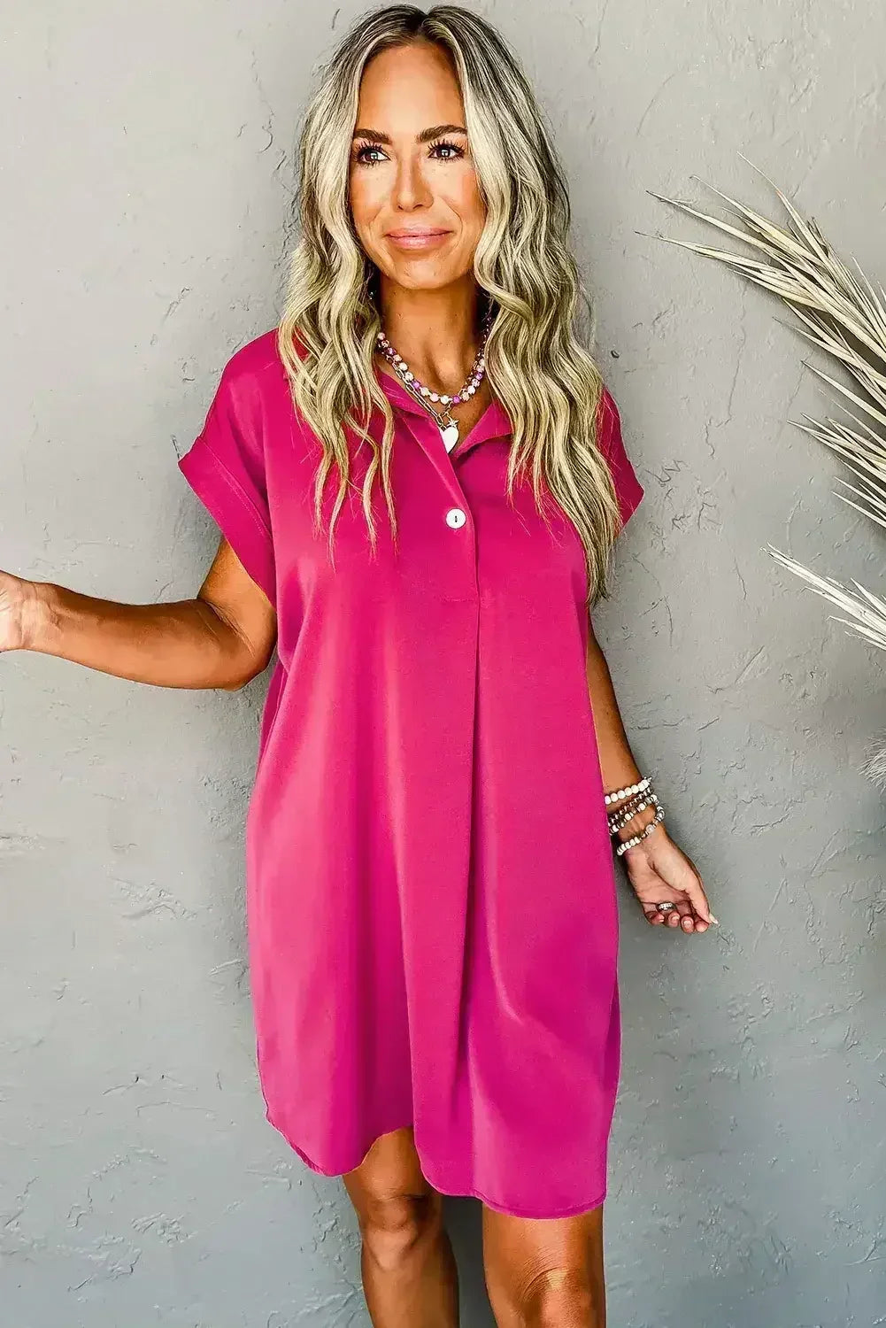 Robe T-shirt Décontractée Boutonnée Col Rose Rouge