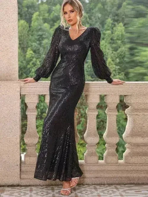 Robe longue à sequins, col en V et manches lanternes