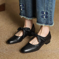 Chaussures à talon épais et bout rond en cuir véritable d'inspiration vintage pour femme