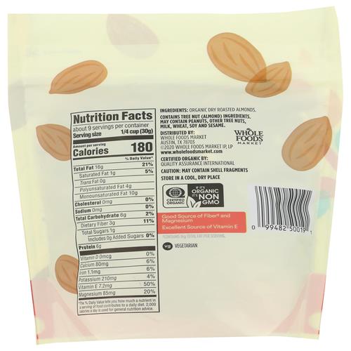 Whole Foods Market, Amandes grillées à sec et non salées biologiques, 10 oz
