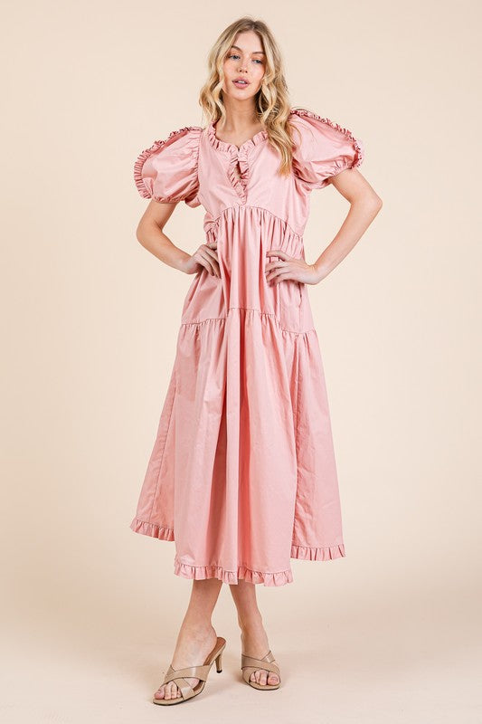 Robe mi-longue babydoll étagée à manches bouffantes et volants – Robe mi-longue babydoll légère, adorable, élégante, féminine et tendance avec volants et manches bouffantes