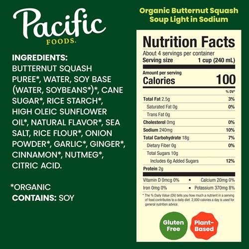 Soupe biologique au potiron de Pacific Foods, soupe végétale à teneur réduite en sodium, carton de 946 ml