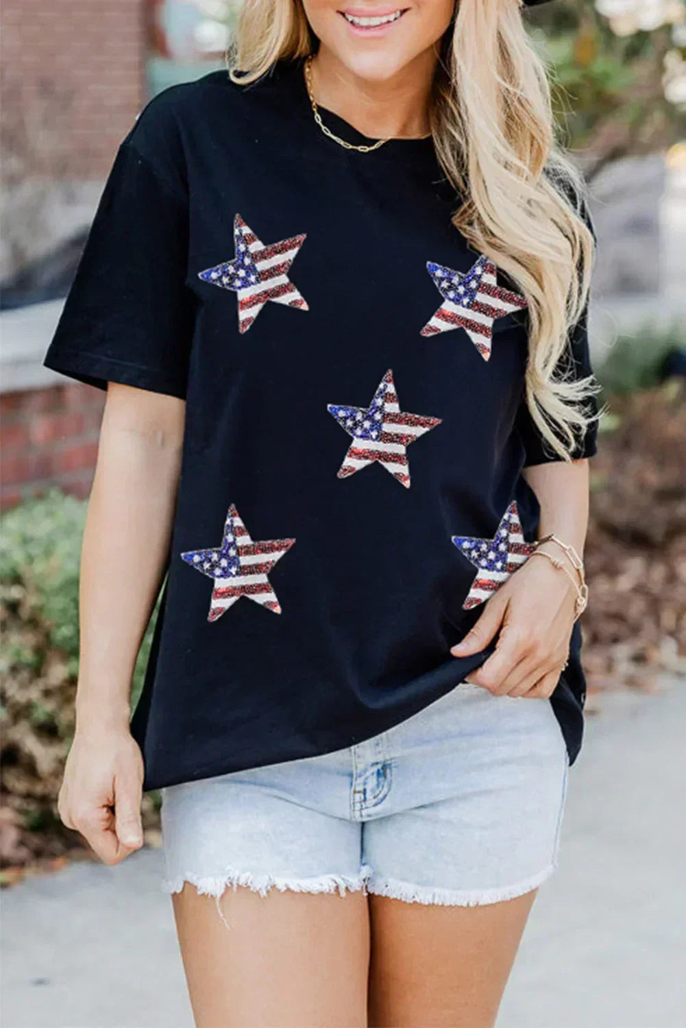 T-shirt graphique étoiles drapeau américain à paillettes noires