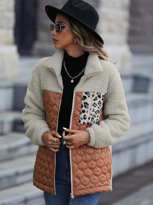 Veste zippée unique à imprimé léopard et blocs de couleur pour l'automne, Veste légère tendance avec poches, Charmante veste d'hiver