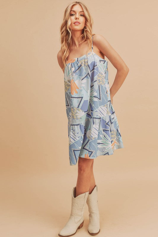 Nouvelle robe courte à bretelles imprimée à col carré et ourlet volanté pour femme – Robe courte élégante et chic à col carré avec ourlet volanté féminin