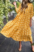 Robe longue à col, imprimé floral jaune, manches bracelet et boutons