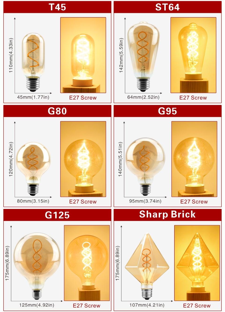 Ampoule à filament LED spirale rétro E14 E27 4W 220V C35 G45 A60 T45 ST64 T185 T225 G80 G95 G125 Vintage Edison Lampes à filament vintage Globe Rond