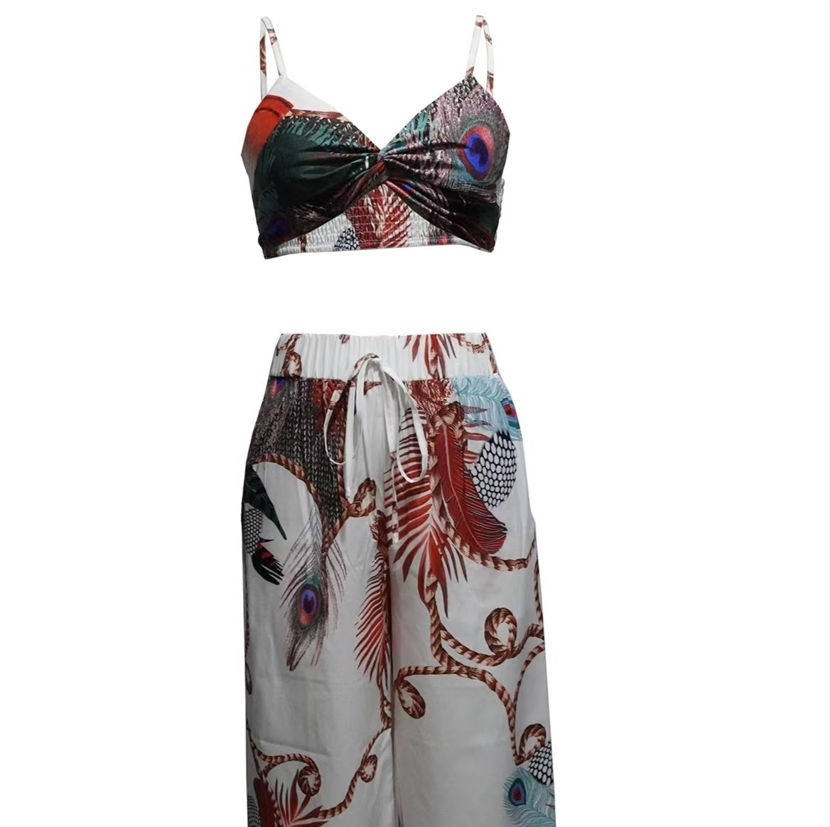 Ensemble haut court et pantalon imprimé plumes pour femme – Tenue de vacances 2 pièces