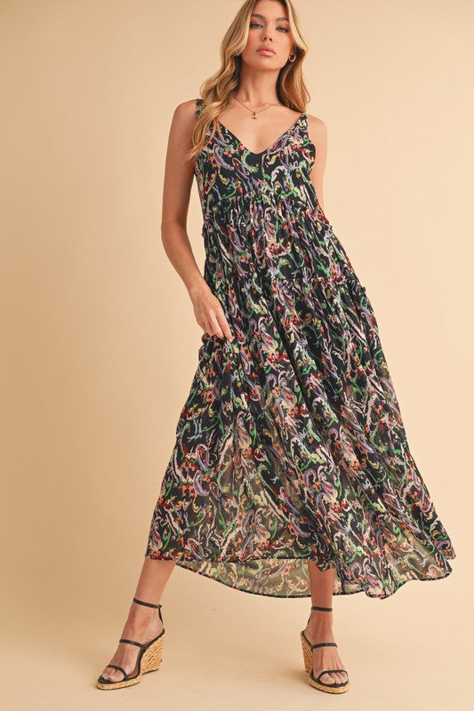 Robe Confortable À Bretelles Imprimée À Volants En V Pour Femme – Ludique, Féminine et Amusante pour les Journées d'Été