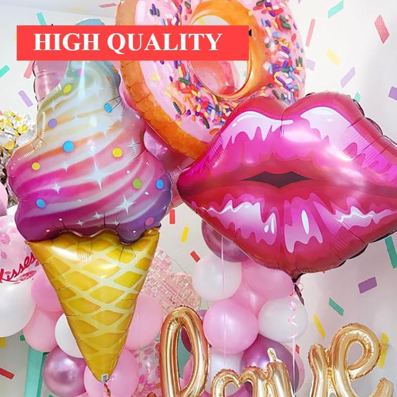 Grands ballons de décoration populaires en forme de beignets, rouges à lèvres, glaces et ballons arc-en-ciel pour enfants, bébés et décorations d'anniversaire, gonflables à l'hélium.