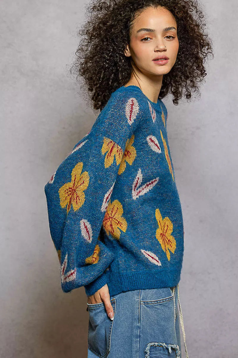Pull POL à motif floral, col rond et manches ballon