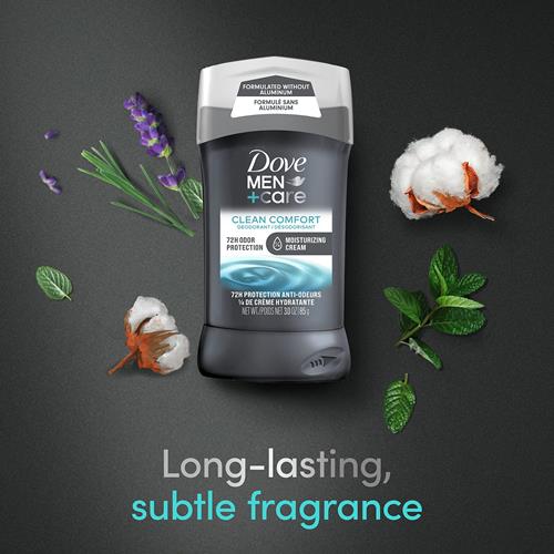 Déodorant en bâton Dove Men+Care pour hommes Clean Comfort Sans aluminium Protection anti-odeurs 72 heures Déodorant pour hommes avec 1/4 de crème hydratante 85 g