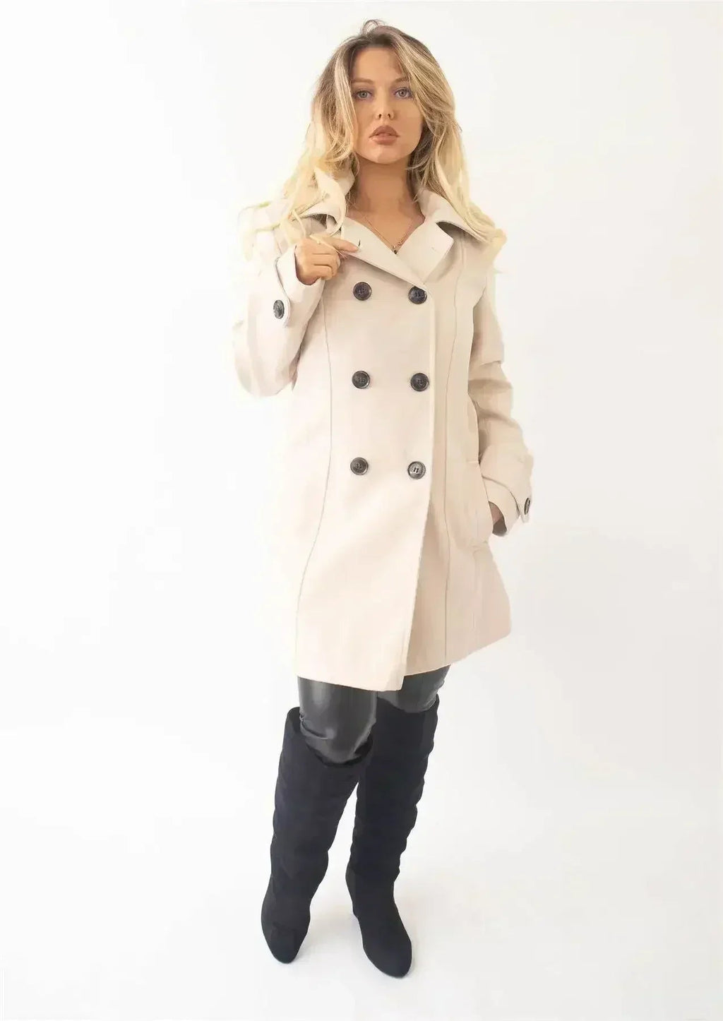 Manteau à capuche croisé double face en laine