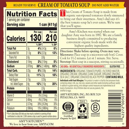 Soupe Crème de Tomate Amy's, Sans Gluten et Faible en Gras, Faite avec des Tomates Mûries au Soleil, Soupe en Conserve, 411 g