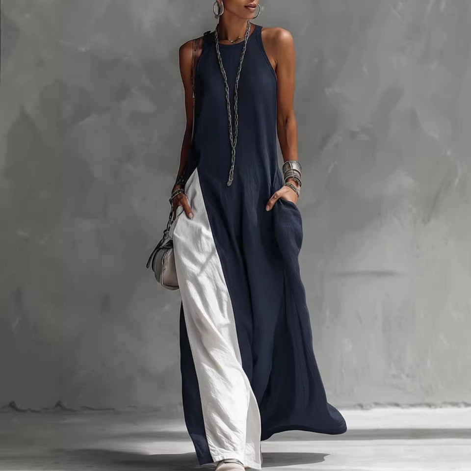 Robe femme sans manches ample, de couleur contrastée avec poches