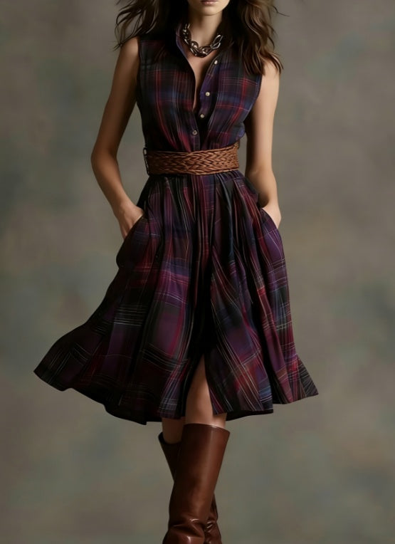 Robe trapèze sans manches à carreaux et col pour femme