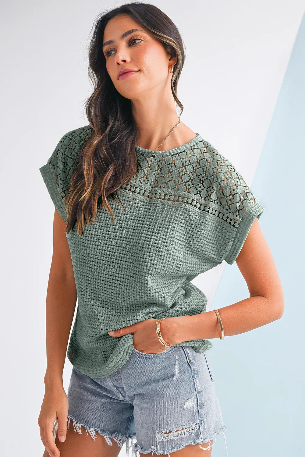 Haut en maille gaufrée patchwork vert brumeux