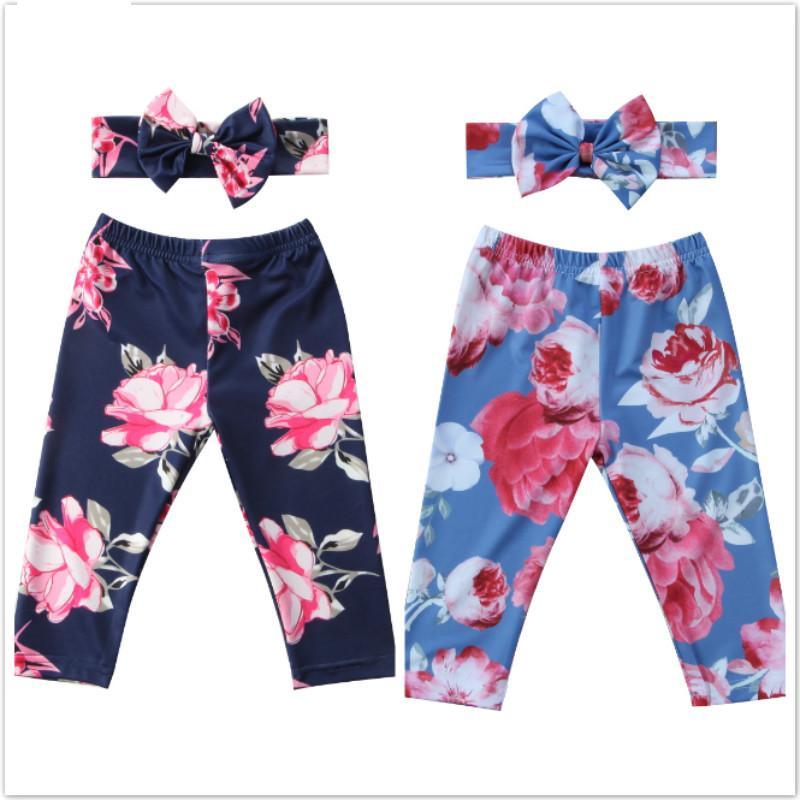 Pantalon d'été de luxe moderne pour bébés filles à motif floral avec bandeau Nouveau-né Enfants Filles Bas floraux Pantalons longs Pantalons à motif floral pour filles avec nœud