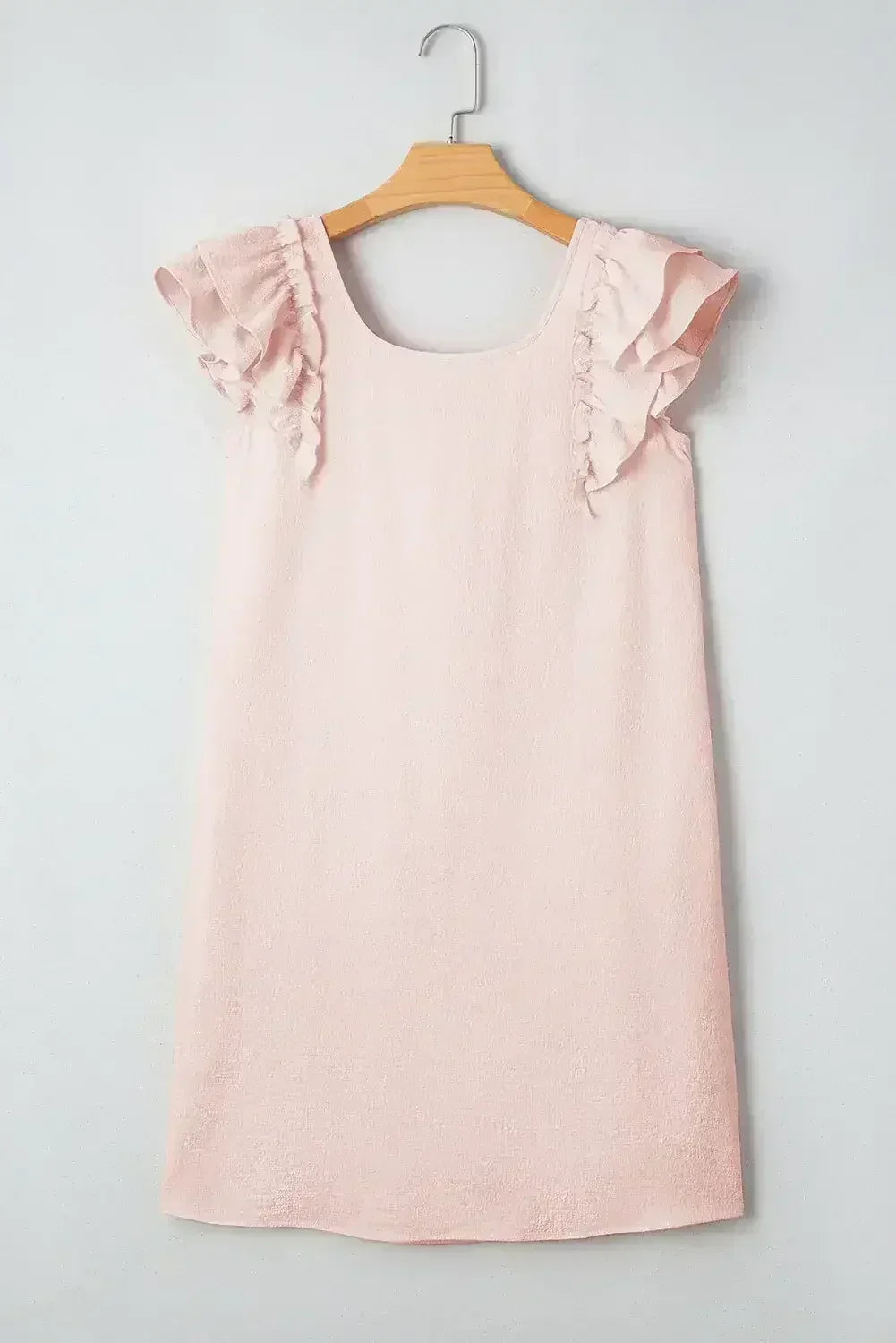 Robe Courte Rose Clair Texturée à Manches Volantes, Col Carré et Nœud au Dos