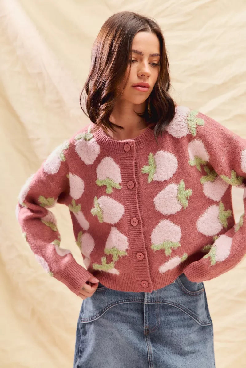 SO ME Cardigan en maille boutonnée à motif de fraises
