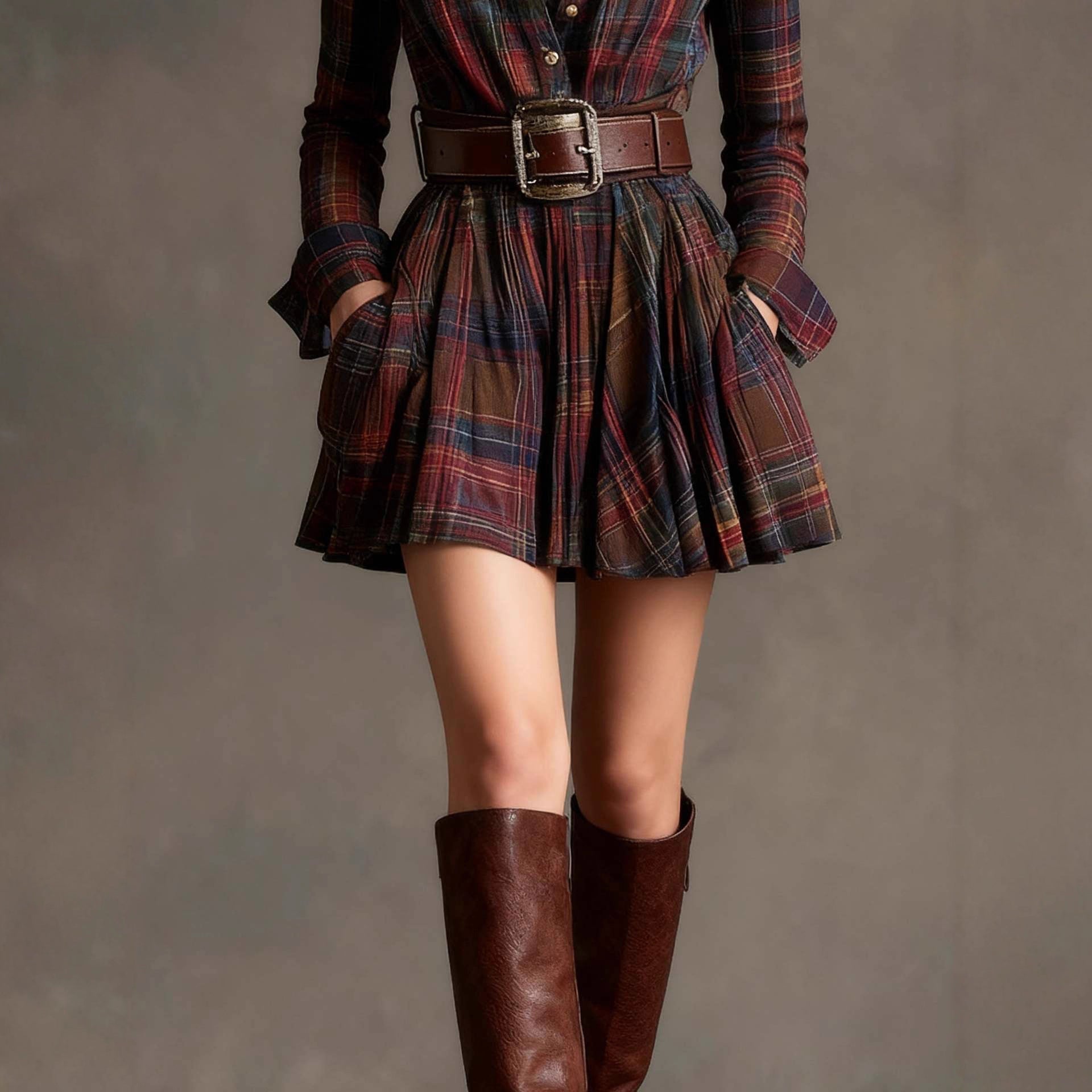 Robe mini élégante à manches longues à carreaux pour femme | Ceinturée