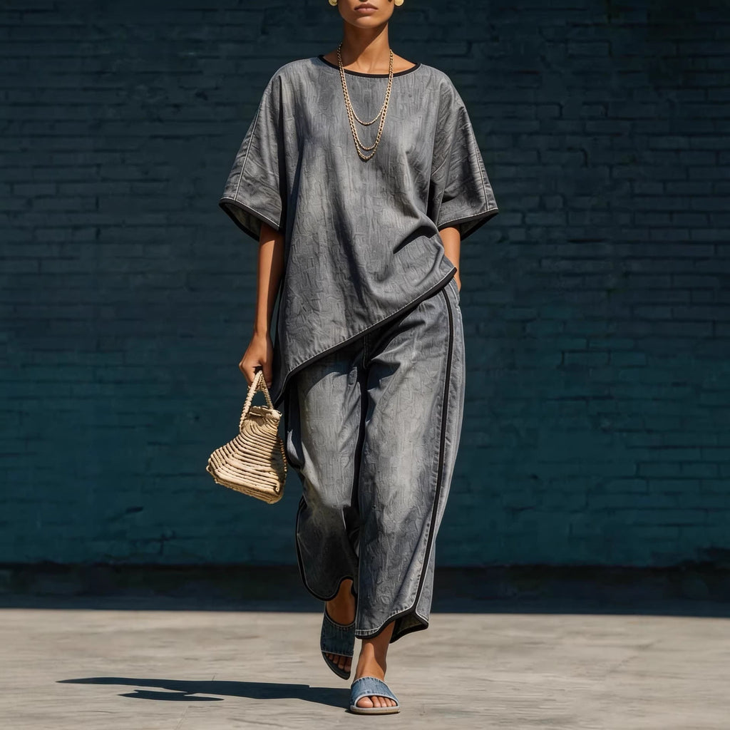 Ensemble tricot haut et pantalon ample en jean pour femme – 2 pièces décontracté
