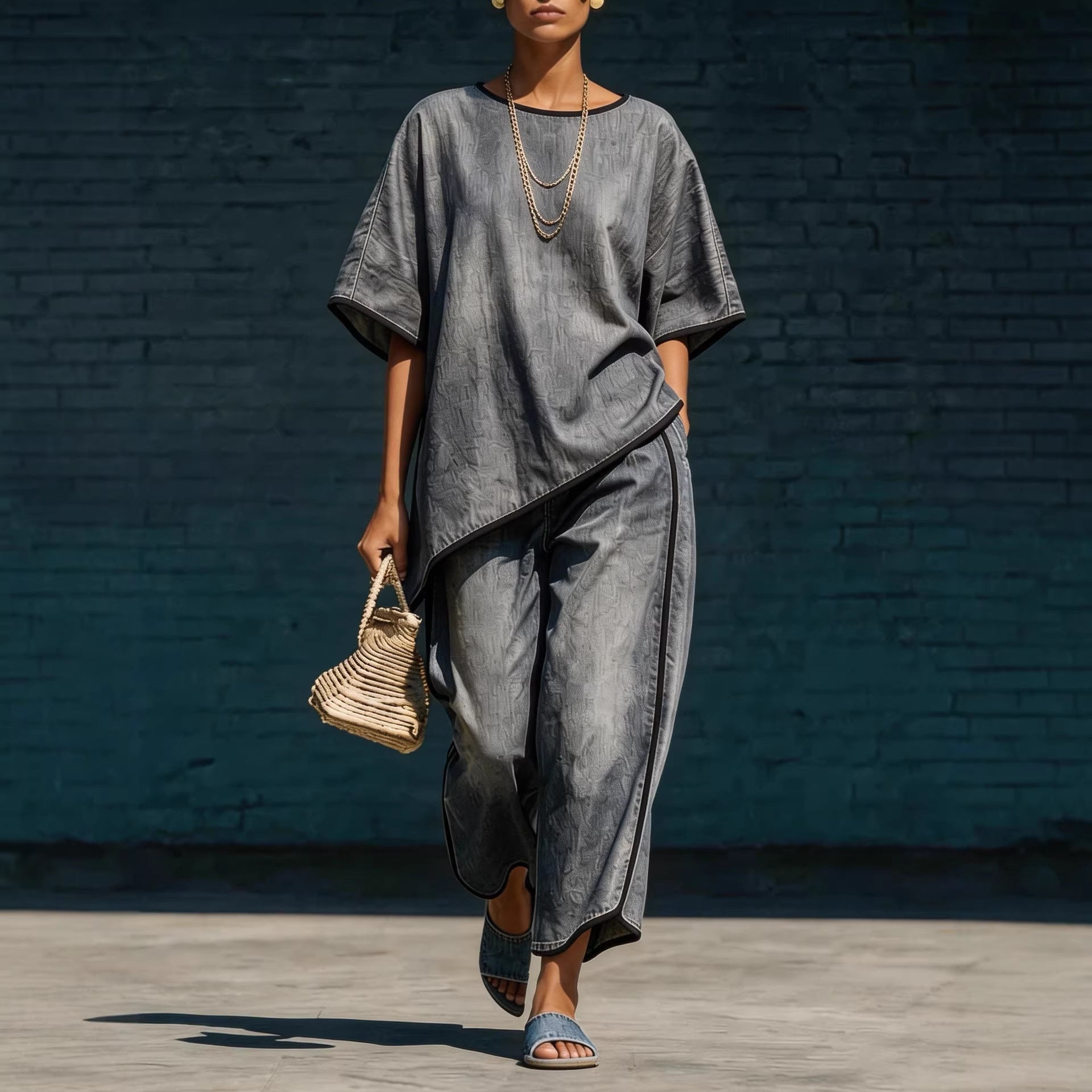Ensemble tricot haut et pantalon ample en jean pour femme – 2 pièces décontracté