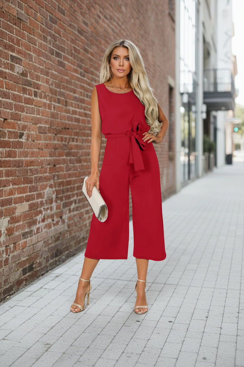 Combinaison pantalon femme ceinturée à col en V et manches courtes, coupe droite – 6 couleurs S-2XL