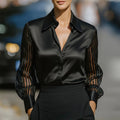 Chemisier femme en satin à col à revers – Chemise transparente à manches longues boutonnée pour le bureau et la mi-saison