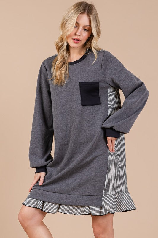 Robe Pull Éponge Femme Col Rond Rayée Patchwork – Décontractée, Tendance, Confortable, Ludique, Ambiance Relax pour Tous les Jours