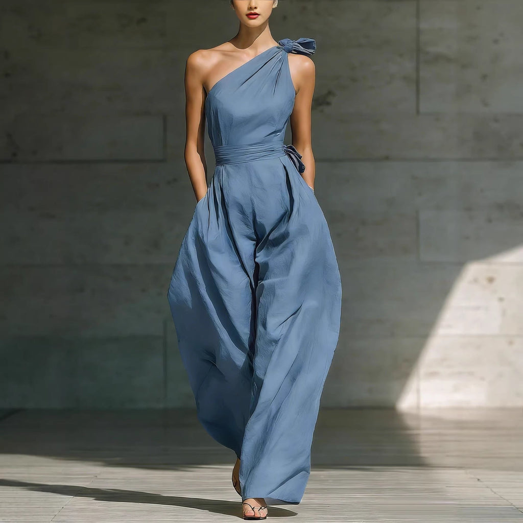 Combinaison ample sans manches à épaules dénudées avec ceinture et jambes larges pour femme