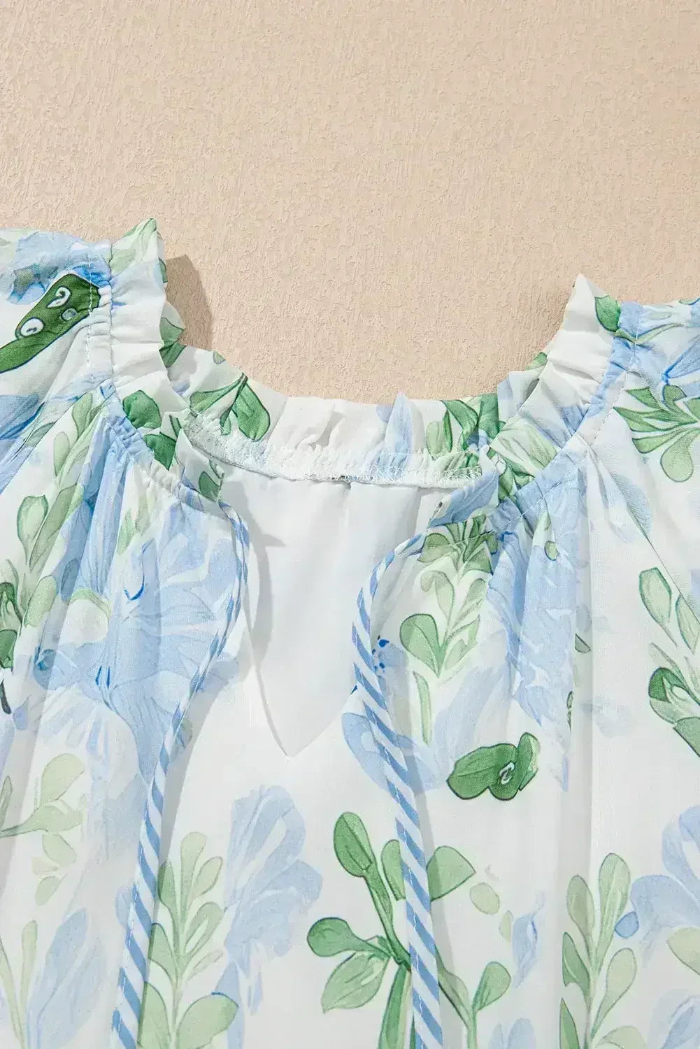 Sky Blue Floral Contrast Edge Ruffle Sleeve Tie Neck Mini Dress