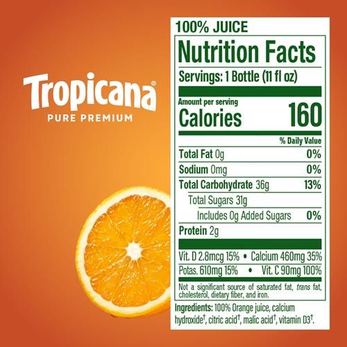 Jus d'orange Tropicana Pure Premium 100 % Original, calcium + vitamine D, bouteille de 325 ml