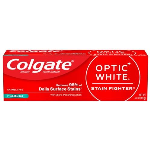 Colgate Optic White Stain Fighter Teeth Whitening Toothpaste, Anticavity Fluoride Toothpaste For Whitening Teeth, Helps Remove Daily Surface Stains, Fresh Mint, 4.2 Oz