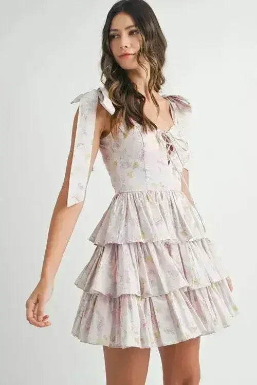 Mini-robe étagée à imprimé floral MABLE avec bretelles à nouer aux épaules