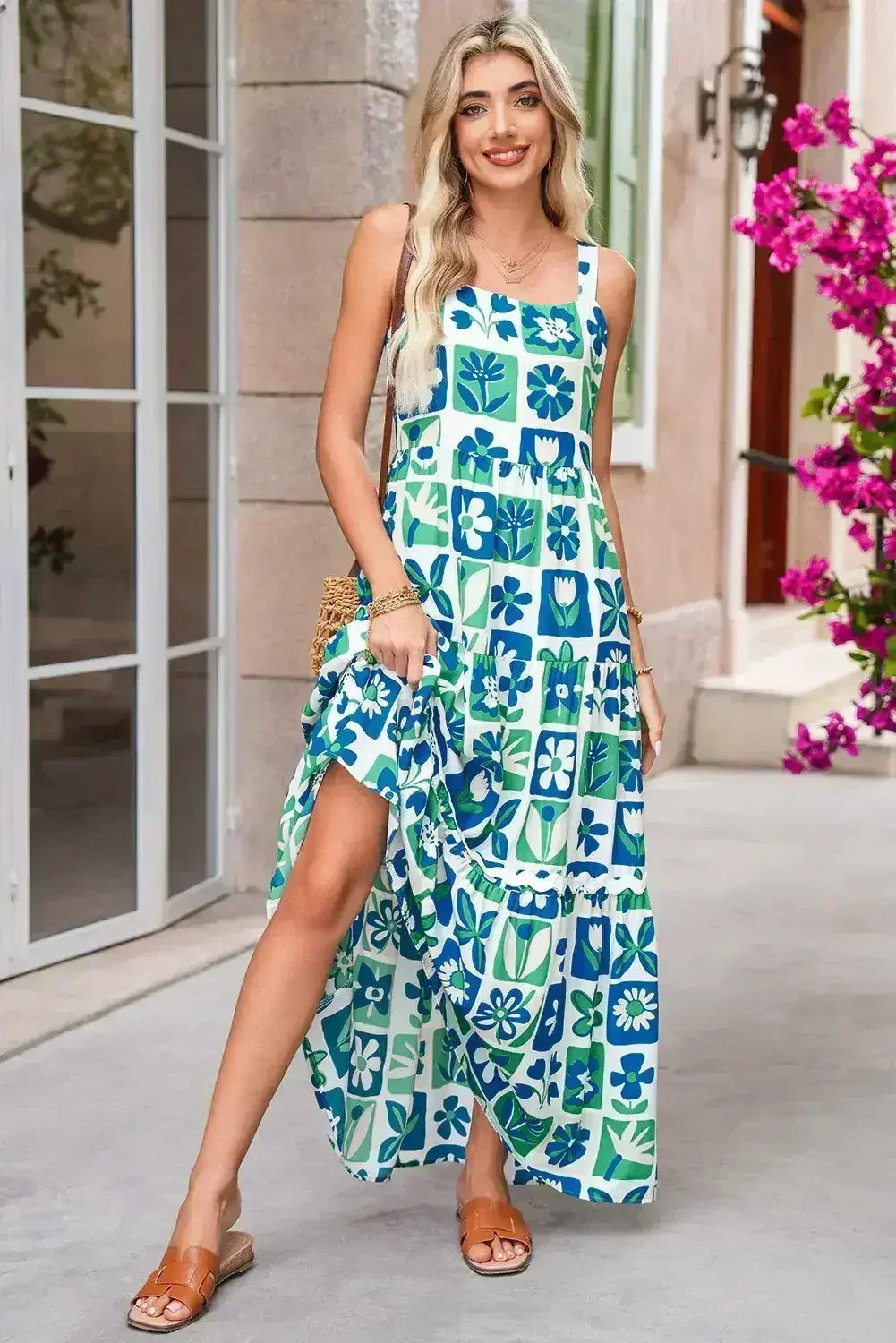 Robe longue multicolore bohème à carreaux fleuris