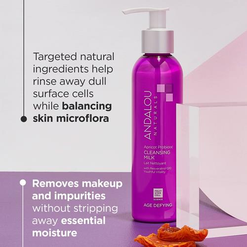 Lait Nettoyant Probiotique Andalou Naturals, Nettoyant Visage Abricot Pour Peaux Sèches Et Déshydratées, Démaquillant Doux, Nettoyant Visage Hydratant Anti-Âge, Non Testé Sur Les Animaux, 177 ml