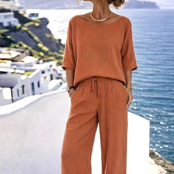 Ensemble de villégiature en coton et lin pour femme – Haut à manches courtes et pantalon à jambes larges