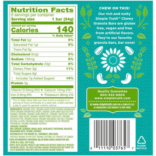 Barres tendres biologiques aux pépites de chocolat noir, noix de cajou et beurre de tournesol Simple Truth, 5 unités