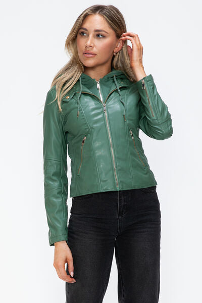 Veste à capuche en similicuir zippée avec cordon de serrage pour femme, élégante et décontractée, en cuir PU pour le streetwear