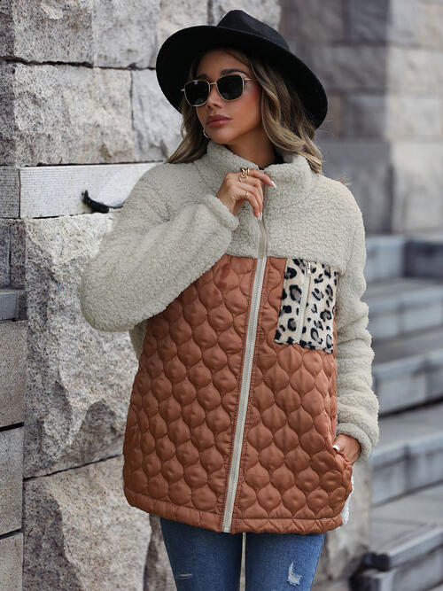 Veste zippée unique à imprimé léopard et blocs de couleur pour l'automne, Veste légère tendance avec poches, Charmante veste d'hiver