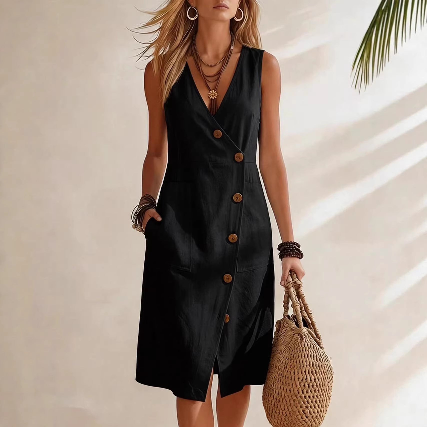Robe midi asymétrique boutonnée sans manches à col en V pour femme, collection Resort