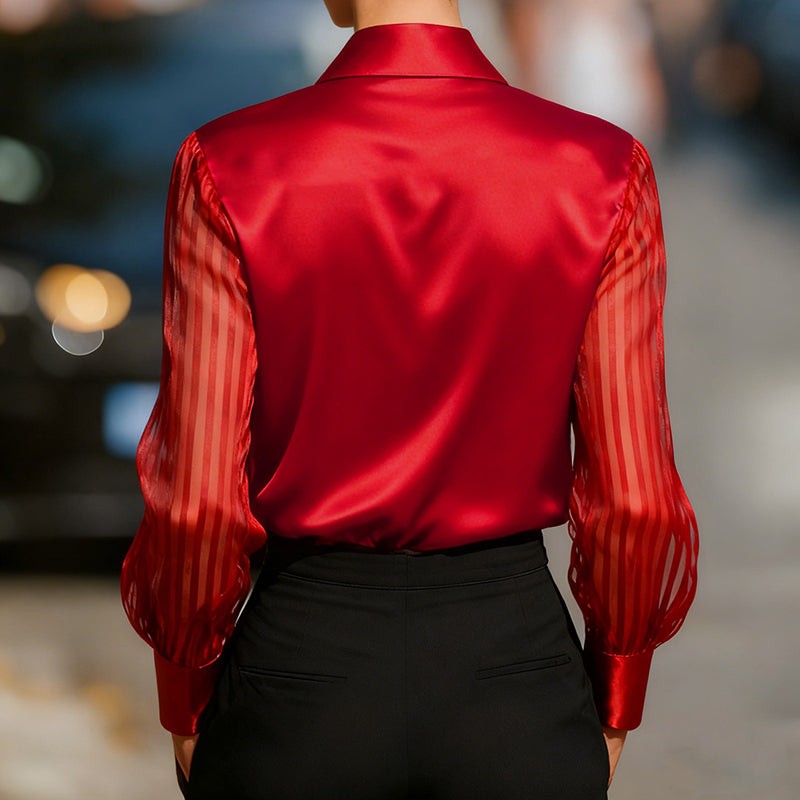Chemisier femme en satin à col à revers – Chemise transparente à manches longues boutonnée pour le bureau et la mi-saison