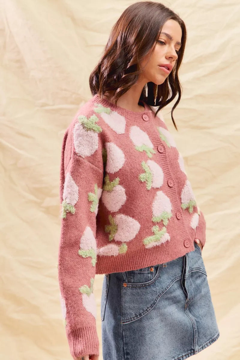 SO ME Cardigan en maille boutonnée à motif de fraises