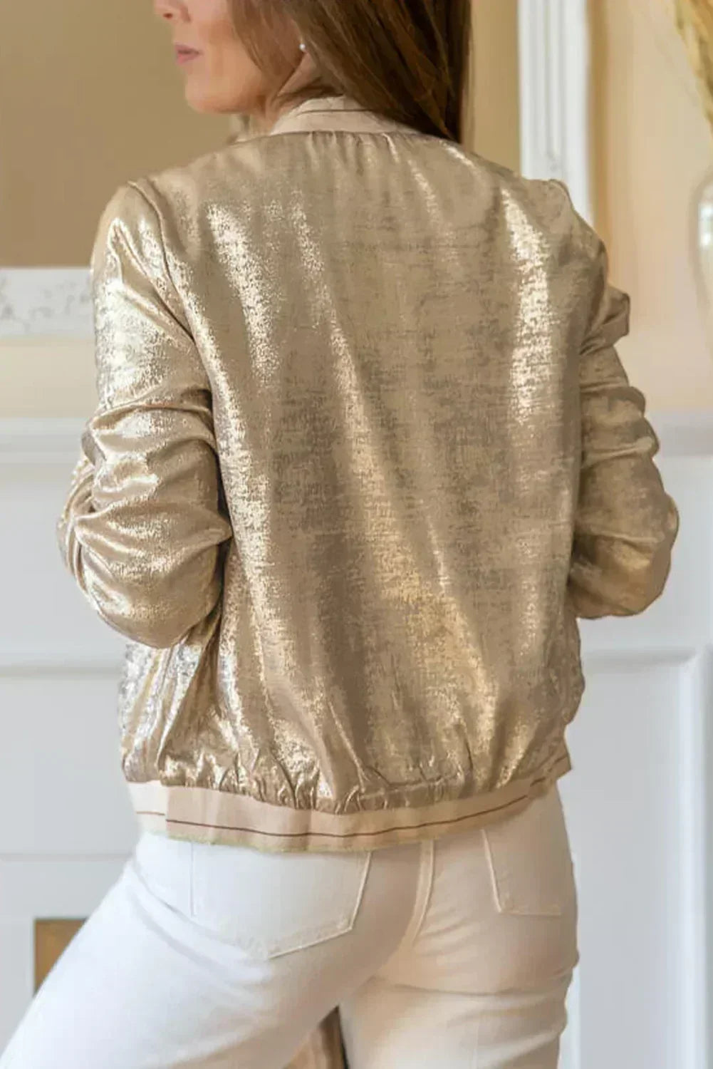 Veste de Baseball Zippée Métallisée Kaki Pâle – Femstylo